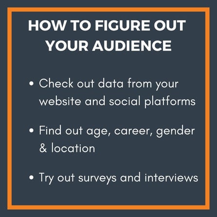 How to figure out your audience - check out data from your website and social platforms, find out age, career, gender & location, try out surveys and interviews