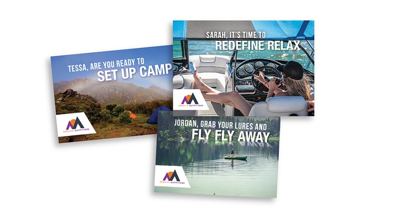 Variable data printing direct mail pieces showing different backgrounds including mountains, the ocean, and a lake. With specific name call outs 