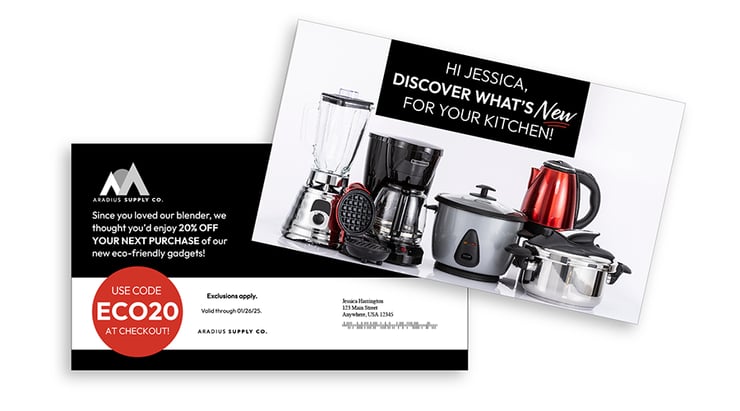 Data-driven direct mail piece showing a discount code, cooking supplies