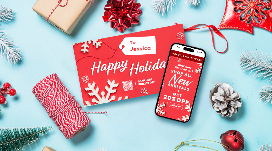 Direct mail piece that says Happy Holidays, with a coupon, and a QR code and a phone that shows where the QR code takes you when scanned