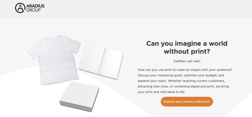 Landing page example with t-shirt, notebook, and sticky notes about a world without print