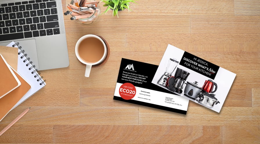personalized direct mail piece on a desk